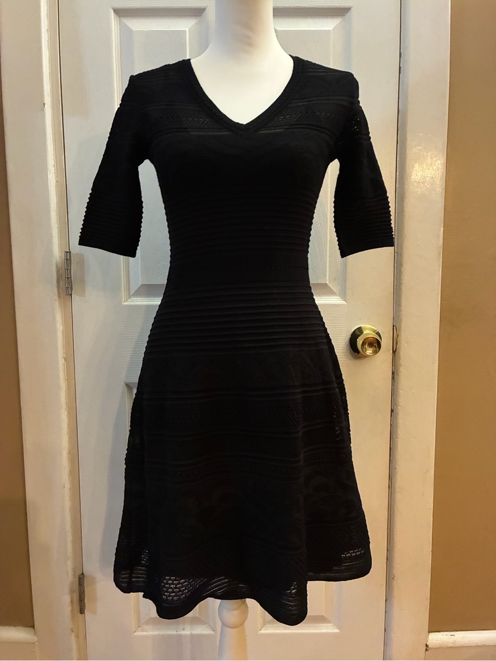 Missoni Black Mix-Stitched Knit Dress V-Neck A-Line Made In Italy Size XS Luxury